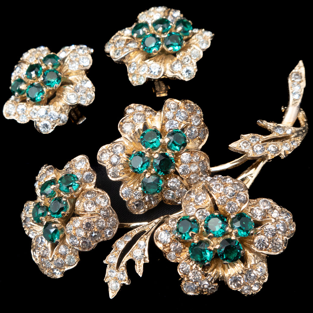 Flower Trembler Brooch and Earring Set Germany Sterling vintage - Rhinestone Rosie