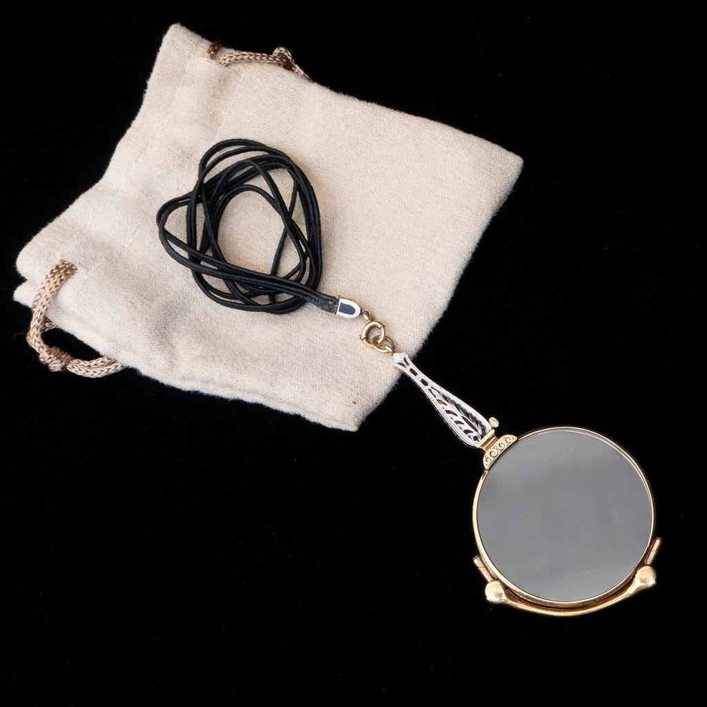Foldable Lorgnette 14kt Gold Filigree black cord necklace vintage - Rhinestone Rosie