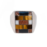 Onyx, Tigers Eye and Goldstone Inlay Ring sterling silver Mexico vintage - Rhinestone Rosie
