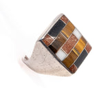 Onyx, Tigers Eye and Goldstone Inlay Ring sterling silver Mexico vintage - Rhinestone Rosie
