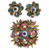 Aurora Borealis Green Brown Rhinestone Brooch and Earring Set vintage - Rhinestone Rosie