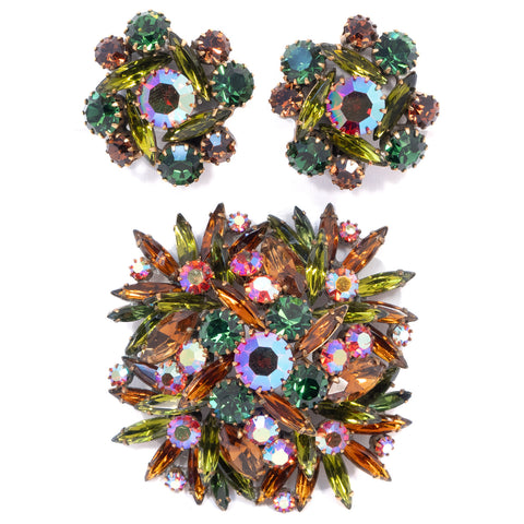 Aurora Borealis Green Brown Rhinestone Brooch and Earring Set