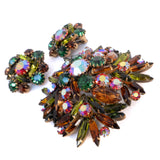 Aurora Borealis Green Brown Rhinestone Brooch and Earring Set vintage - Rhinestone Rosie
