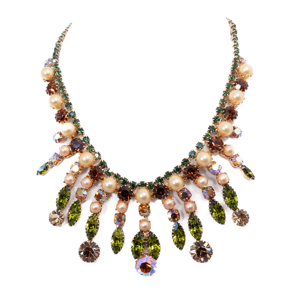 Green Brown Pearl Aurora Borealis Necklace vintage - Rhinestone Rosie