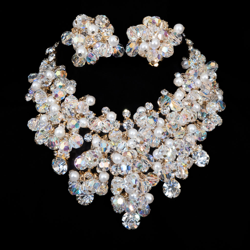 Juliana Aurora Borealis Rhinestone and Pearl Large Necklace and Earrings Set vintage - Rhinestone Rosie