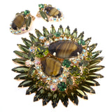 Juliana Green Striped Givre Glass Brooch and Earrings Set vintage - Rhinestone Rosie