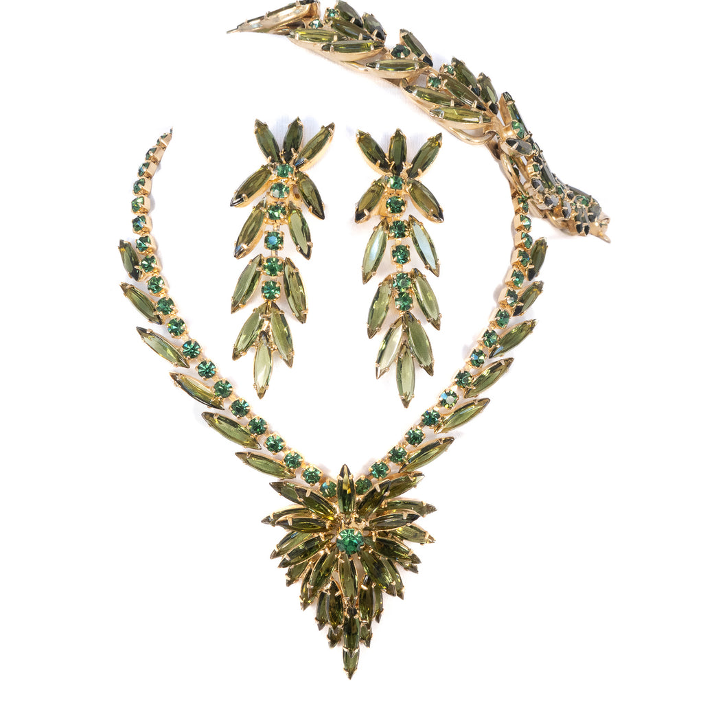Juliana Green Necklace, Brooch, and Earrings Set vintage - Rhinestone Rosie