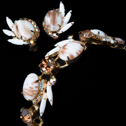 Juliana Gold/Copper Fluss Milk Glass Bracelet and Earrings Set