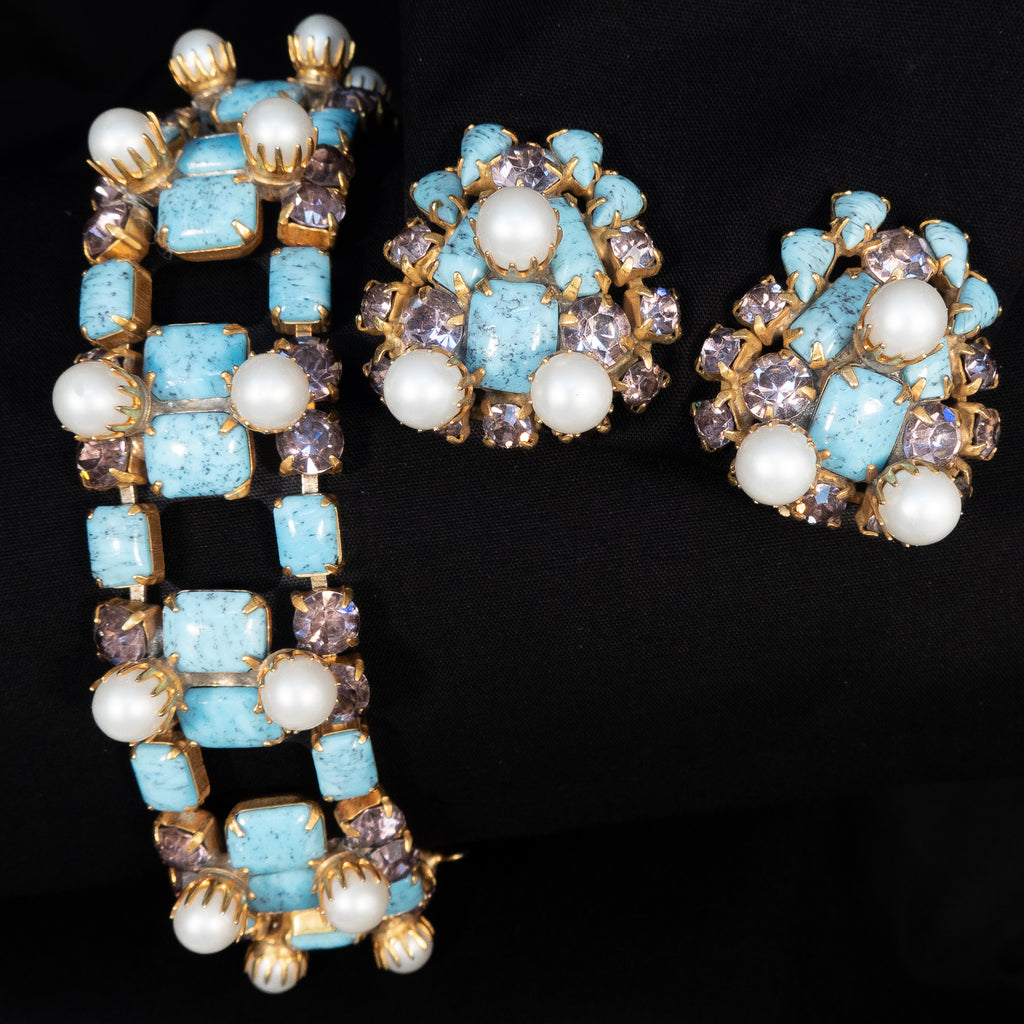 Turquoise Glass Lavender Rhinestone and Pearl Bracelet and Earrings Set vintage - Rhinestone Rosie