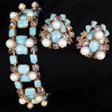 Turquoise Glass Lavender Rhinestone and Pearl Bracelet and Earrings Set vintage - Rhinestone Rosie