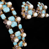 Turquoise Glass Lavender Rhinestone and Pearl Bracelet and Earrings Set vintage - Rhinestone Rosie