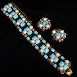 Turquoise Glass Lavender Rhinestone and Pearl Bracelet and Earrings Set vintage - Rhinestone Rosie