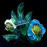 Ceramic Flowers Brooch Lucite Leaves Elzac vintage - Rhinestone Rosie