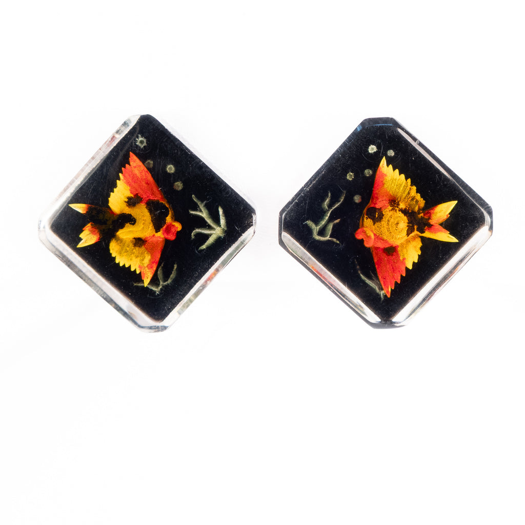 Lucite Reverse Carved Fish Earrings vintage - Rhinestone Rosie