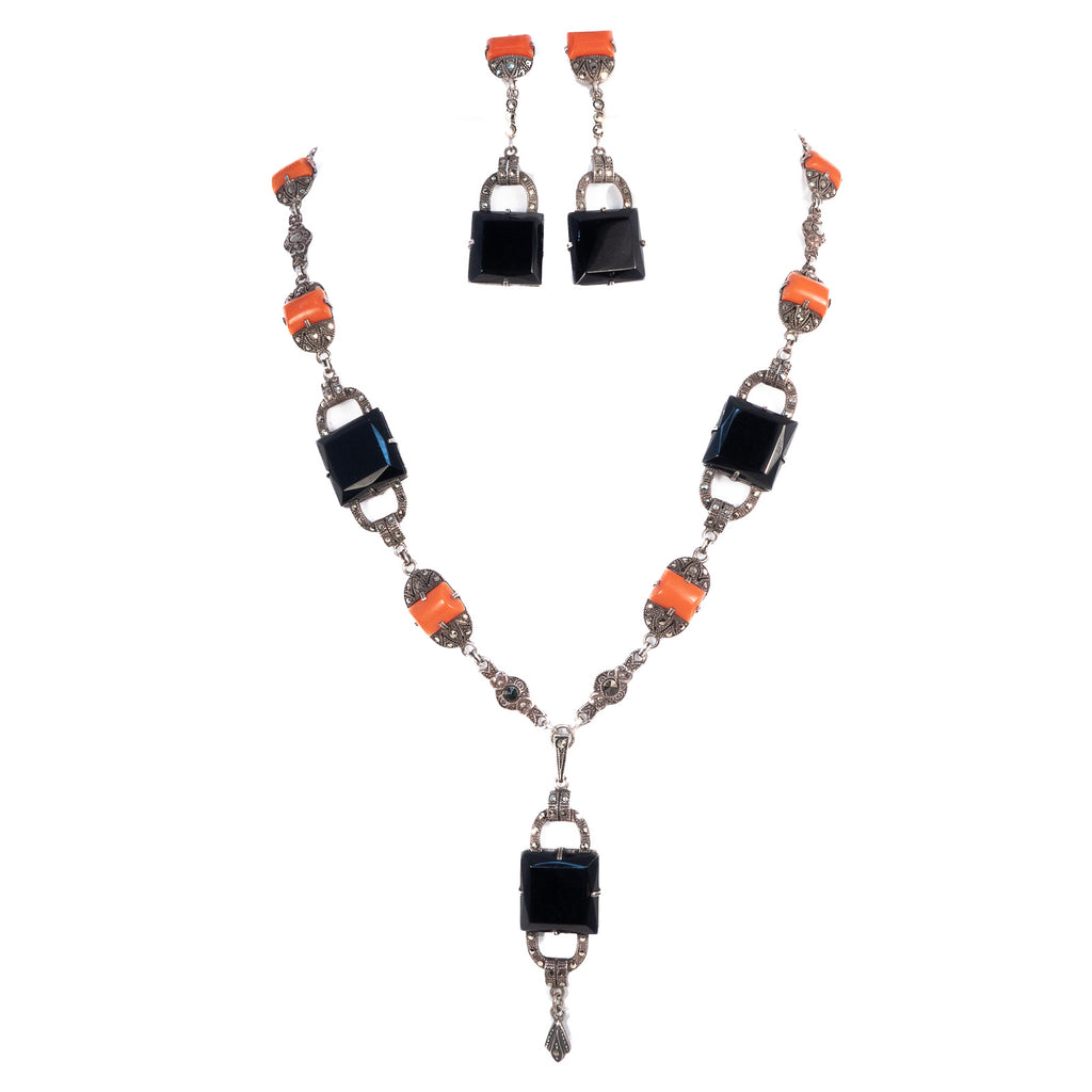 Marcasite Onyx Coral Necklace and Earring Set Art Deco vintage - Rhinestone Rosie