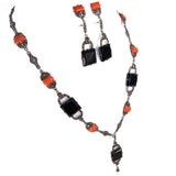 Marcasite Onyx Coral Necklace and Earring Set Art Deco vintage - Rhinestone Rosie