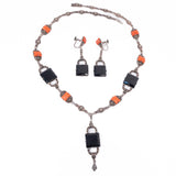 Marcasite Onyx Coral Necklace and Earring Set Art Deco vintage - Rhinestone Rosie
