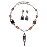 Marcasite Onyx Coral Necklace and Earring Set Art Deco vintage - Rhinestone Rosie