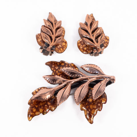Matisse Renoir Enamel Leaf Brooch and Earrings Set