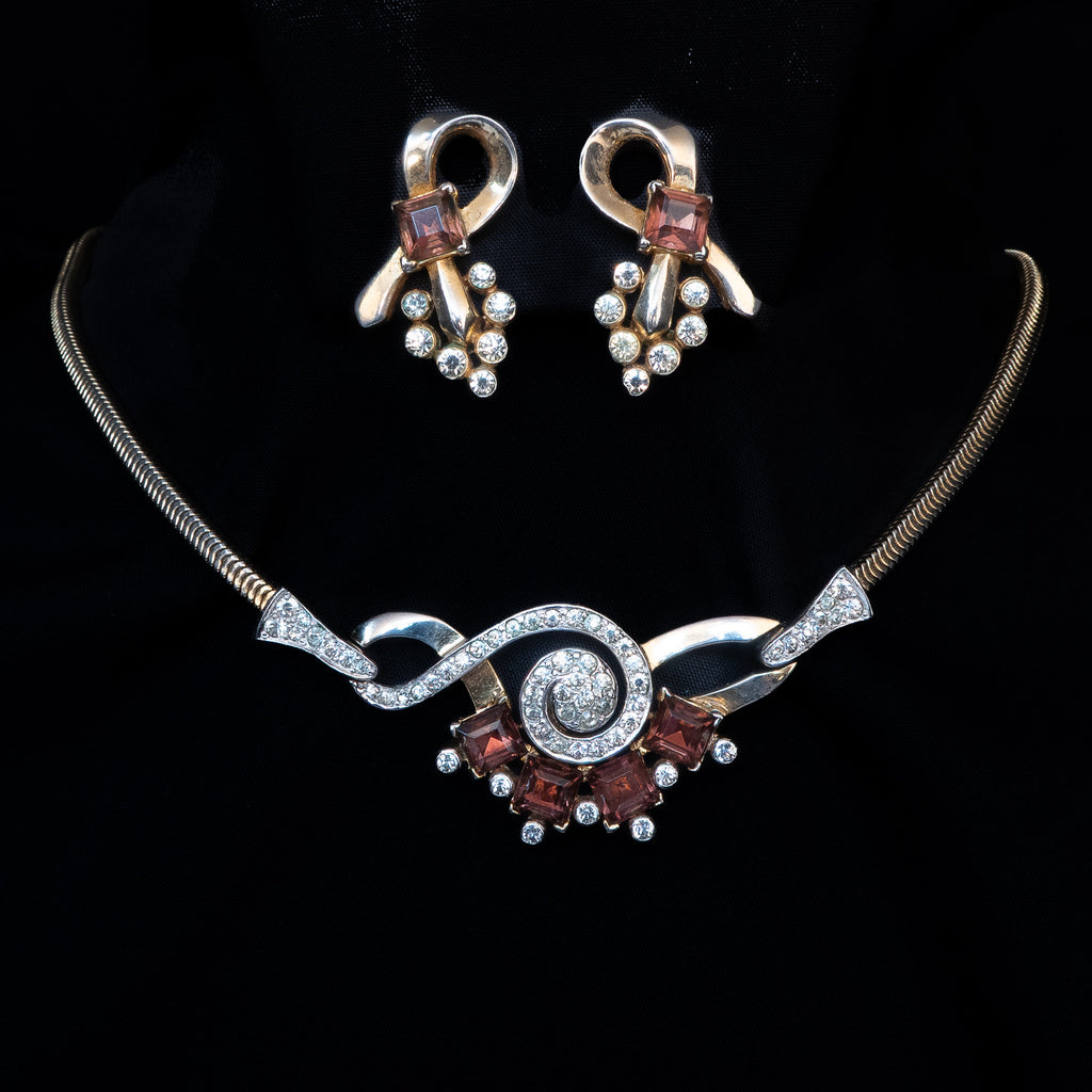Mazer Bros Purple Rhinestone Necklace and Earrings Set vintage - Rhinestone Rosie