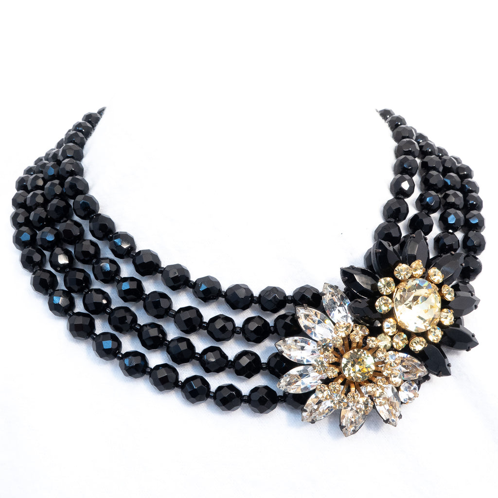 Miriam Haskell Black Yellow Rhinestone Flowers Necklace vintage - Rhinestone Rosie