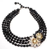 Miriam Haskell Black Yellow Rhinestone Flowers Necklace vintage - Rhinestone Rosie