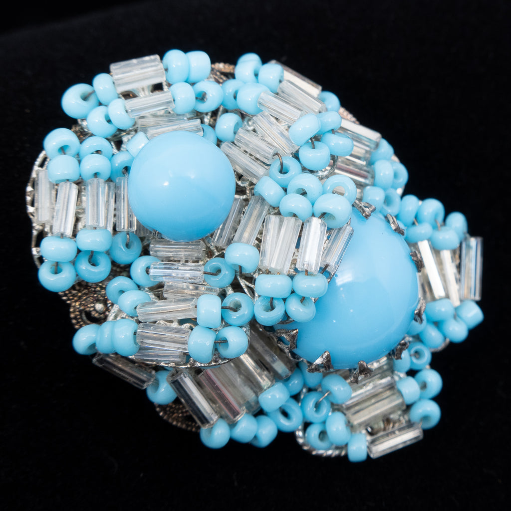 Miriam Haskell Blue Beaded Flower Brooch – Rhinestone Rosie display picture 1