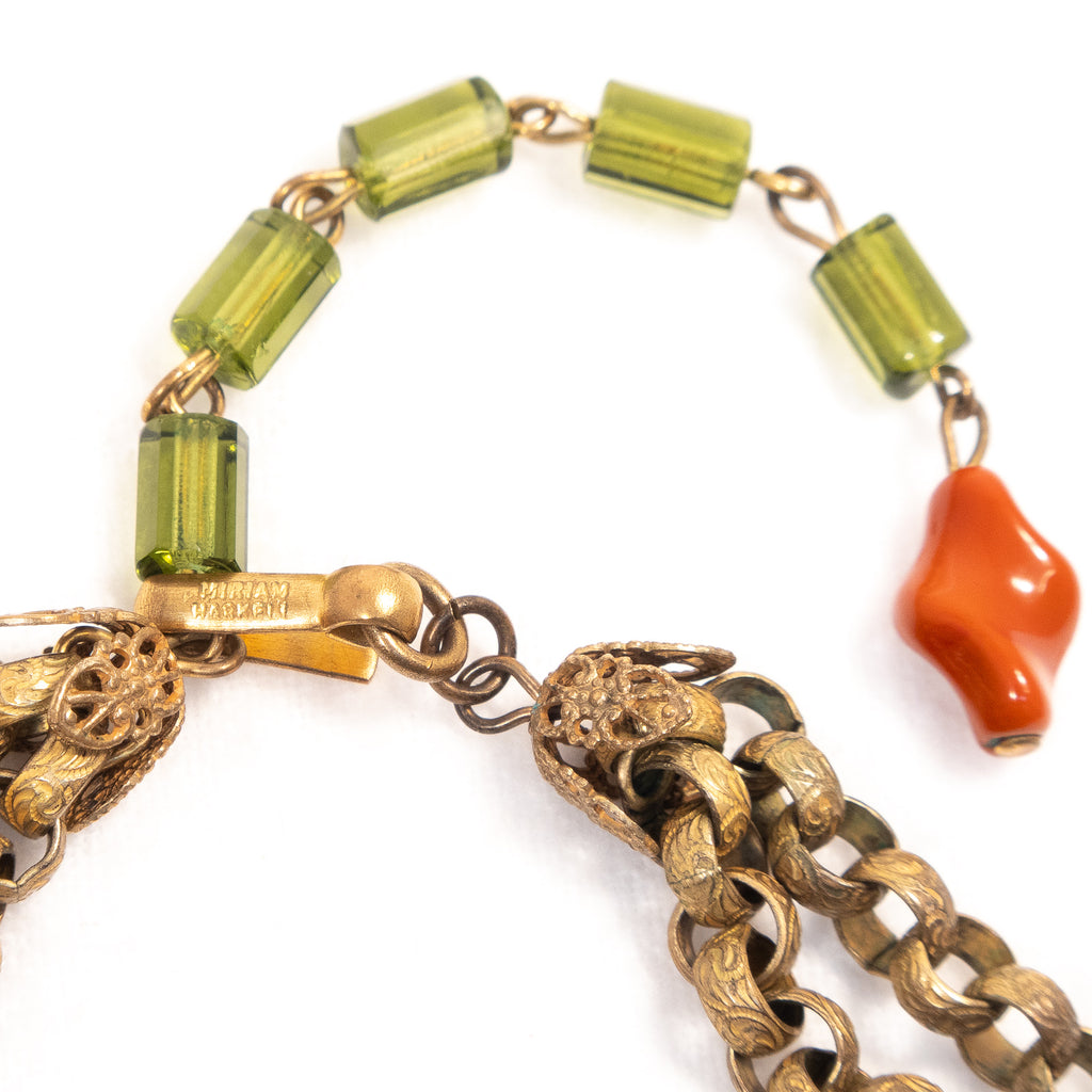 Miriam Haskell Coral Glass and Green Lucite Chain Necklace