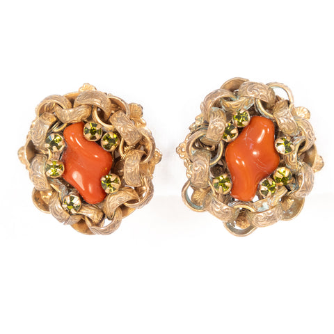 Miriam Haskell Coral Glass Chain Cluster Earrings