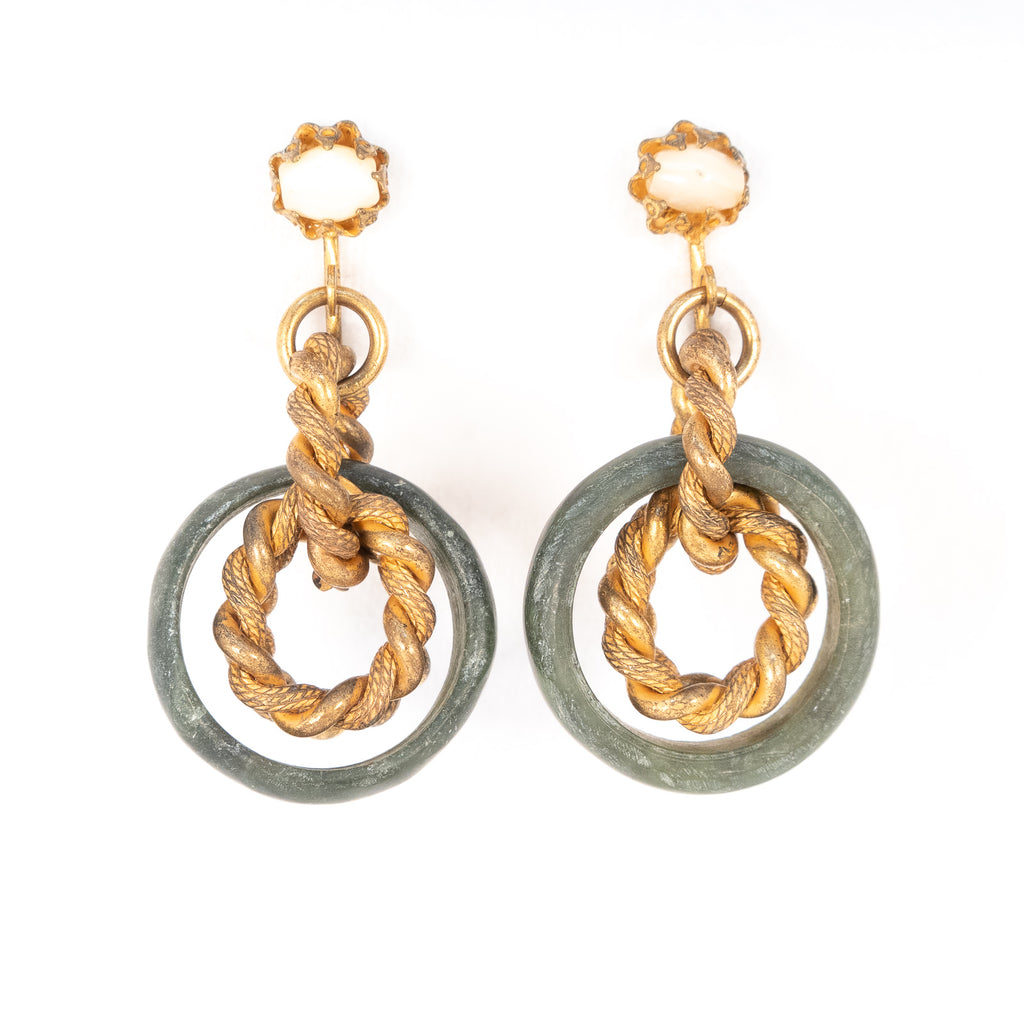 Miriam Haskell Green Stone Chain Link Dangle Earrings vintage - Rhinestone Rosie