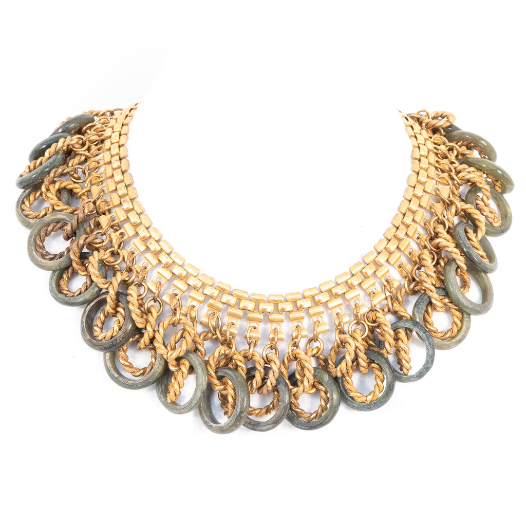 Miriam Haskell Green Stone Hoop Chain Link Fringe Collar Necklace vintage - Rhinestone Rosie