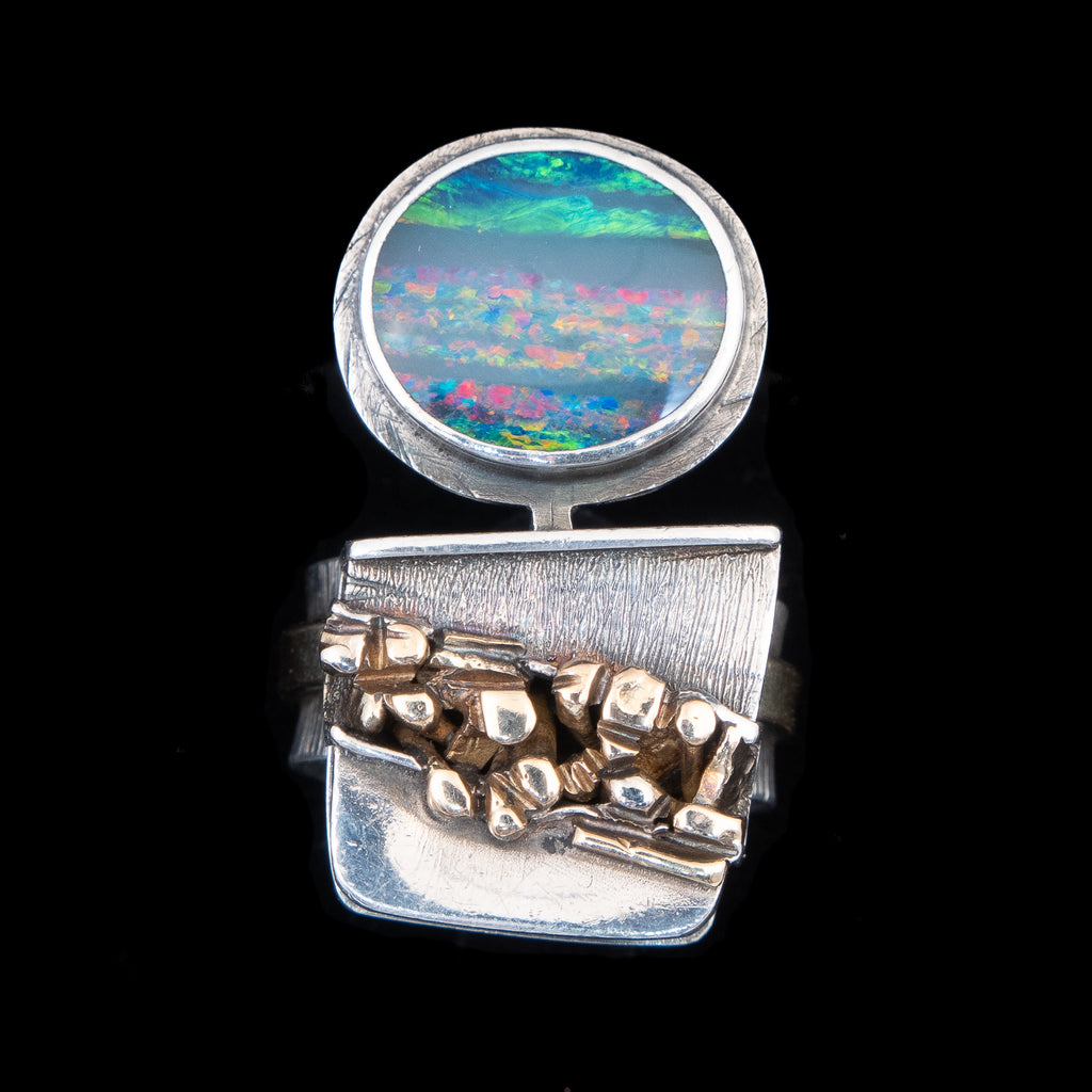 Opal Ring by Henri Leighton mod 14kt sterling silver vintage - Rhinestone Rosie