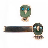 Jade and Opal Owls Tie Tac and Tie Bar Clip Set "GR" vintage - Rhinestone Rosie