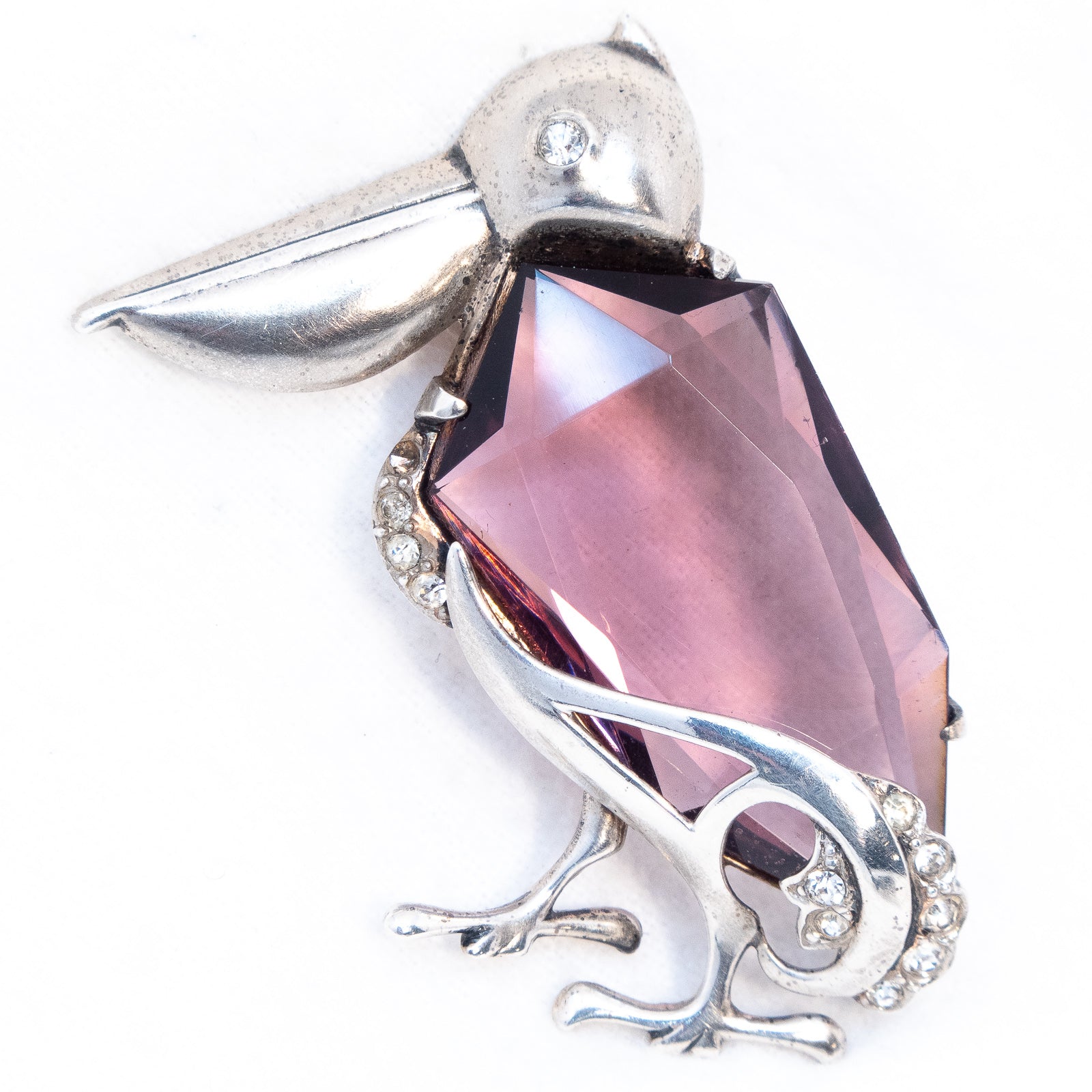 Pelican Sterling Brooch Rhinestone Rosie
