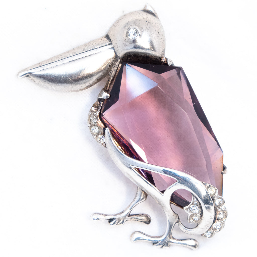 Pelican Brooch Sterling Silver 1940s vintage - Rhinestone Rosie