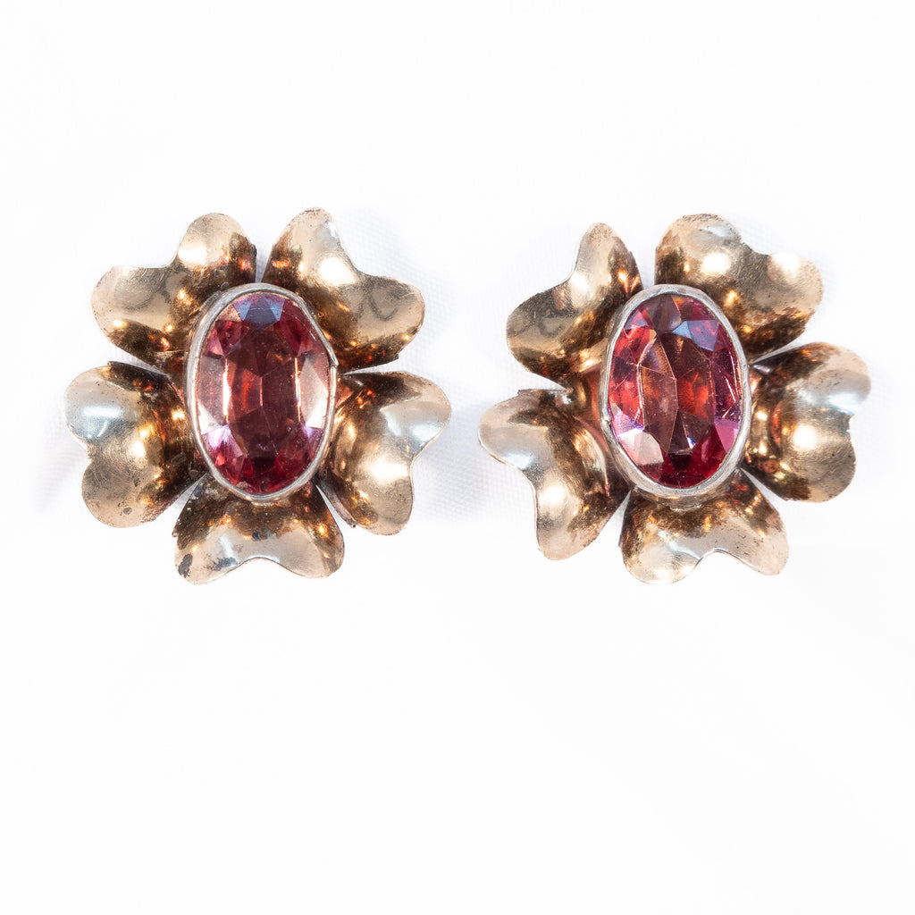 Pink Flower Earrings sterling silver vermeil vintage - Rhinestone Rosie
