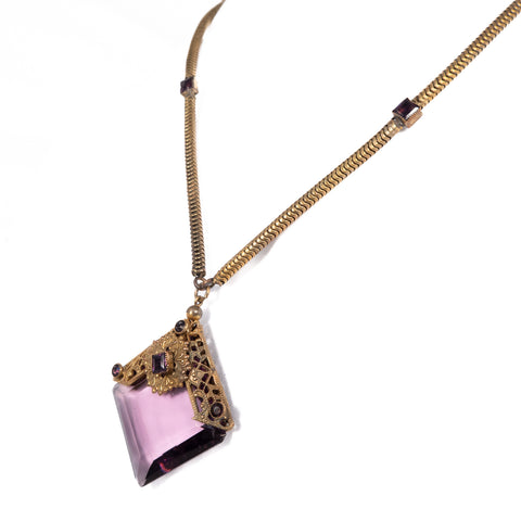 Purple Glass and Rhinestone Brass Necklace