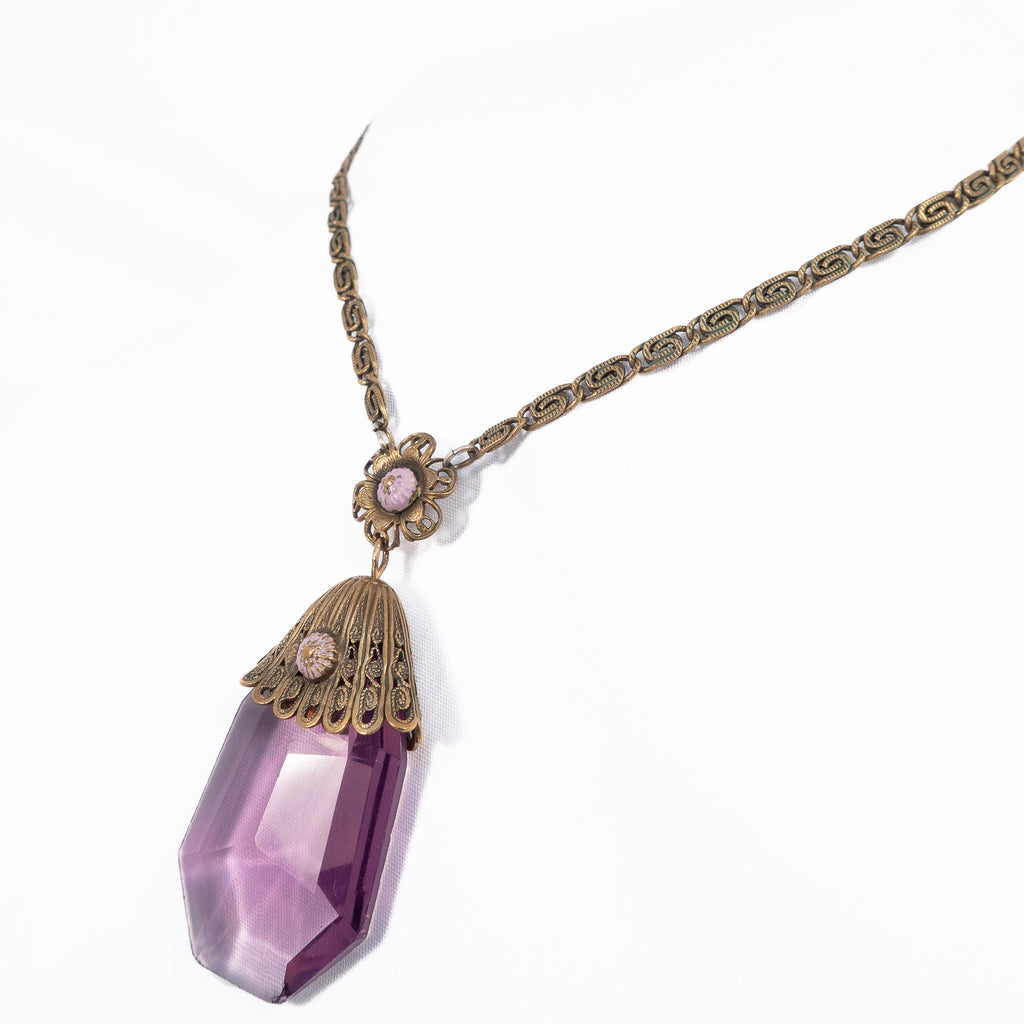 Purple Glass Filigree and Enamel Brass Necklace vintage - Rhinestone Rosie