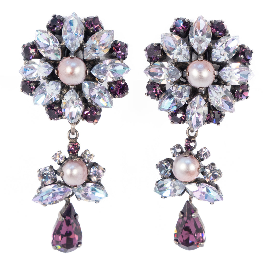 Purple Pearl and Light Vitrail Rhinestone Earrings vintage - Rhinestone Rosie