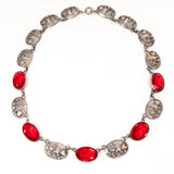 Red Glass  Flower Link Necklace vintage - Rhinestone Rosie