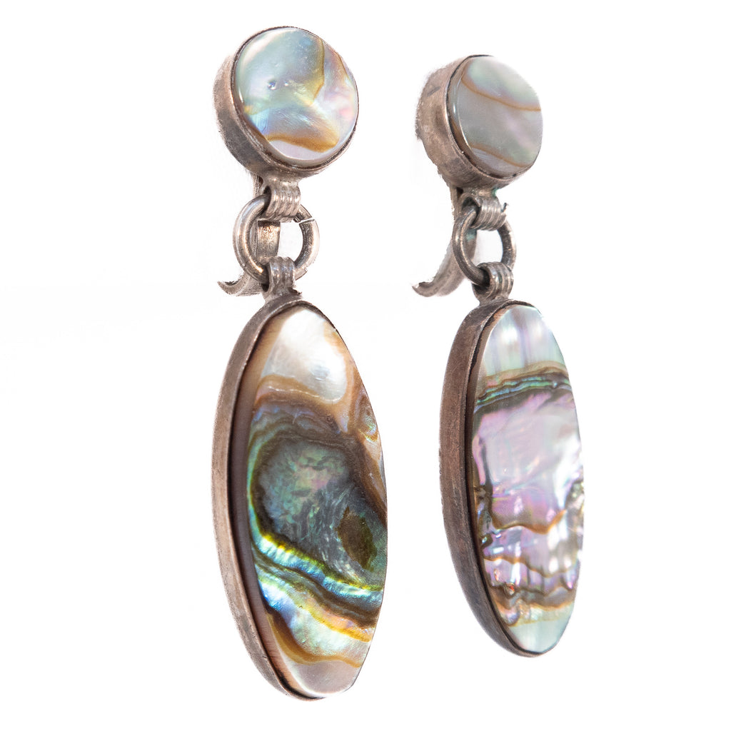 Mexican Shell Sterling Dangle Earrings vintage - Rhinestone Rosie