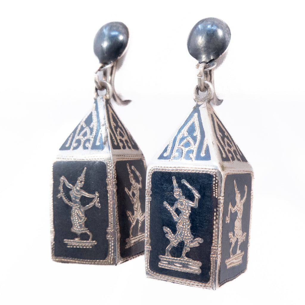 Siam Sterling Niello Rectangular Dangle Earrings vintage - Rhinestone Rosie