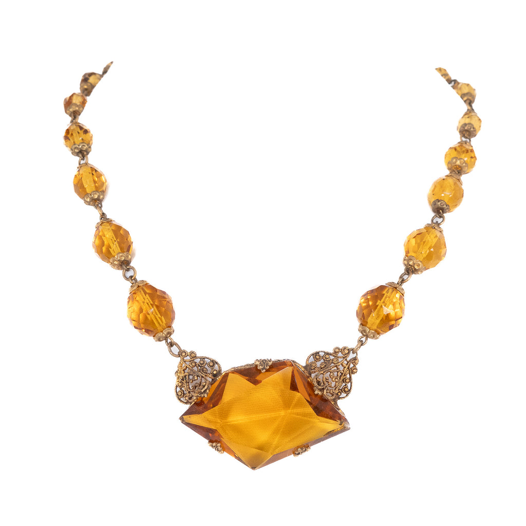 Topaz Glass and Brass Necklace vintage - Rhinestone Rosie