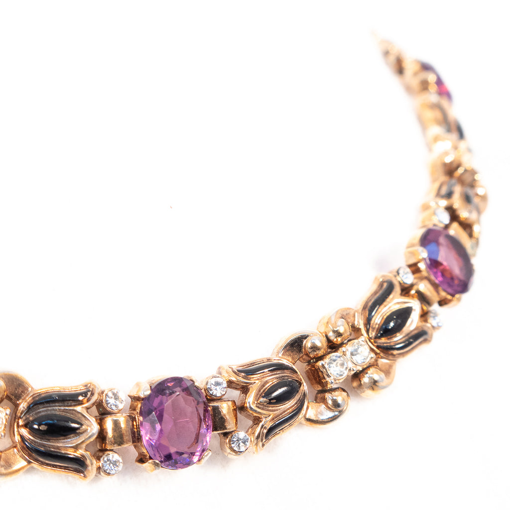 Crown Trifari Alfred Philippe Black Enamel Purple Rhinestone Necklace 1940s vintage - Rhinestone Rosie