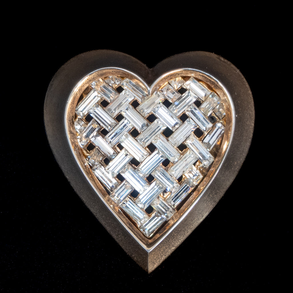 Trifari Basket Weave Rhinestone Heart Brooch