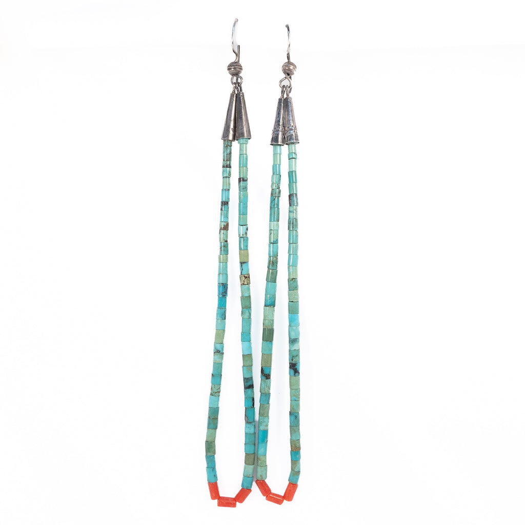 Turquoise and Coral Heishi Bead Jacla Earrings vintage - Rhinestone Rosie