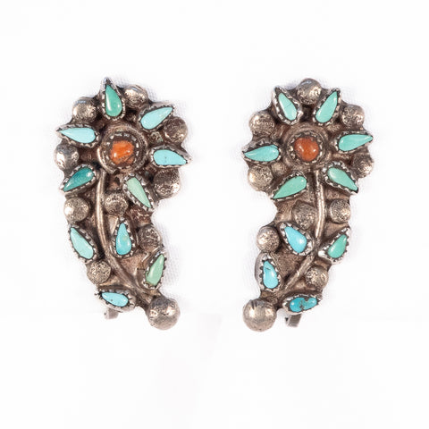 Turquoise and Coral Petit Point  Flower Earrings