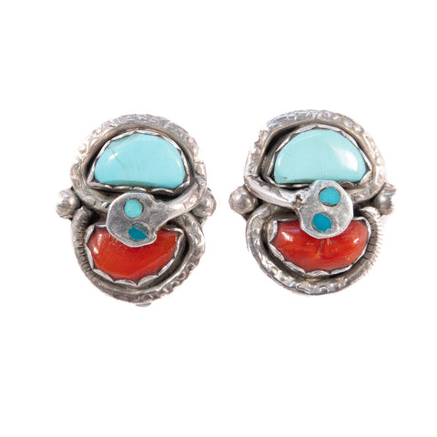 Turquoise and Coral Snake Earrings by Effie Calavaza Zuni