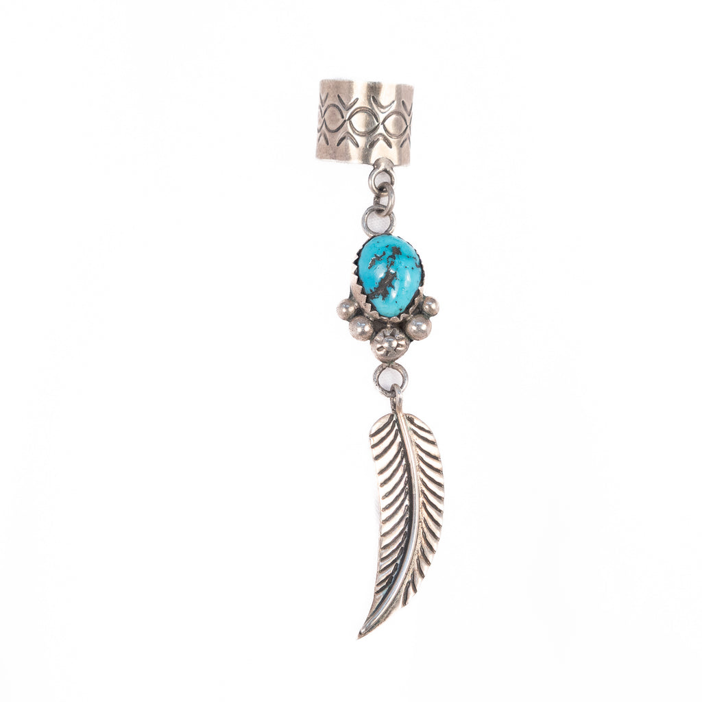 Ear Cuff Stamped Sterling Silver with Turquoise and Feather Charms by Sharon Cisco Navajo vintage - Rhinestone Rosie