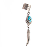 Ear Cuff Stamped Sterling Silver with Turquoise and Feather Charms by Sharon Cisco Navajo vintage - Rhinestone Rosie